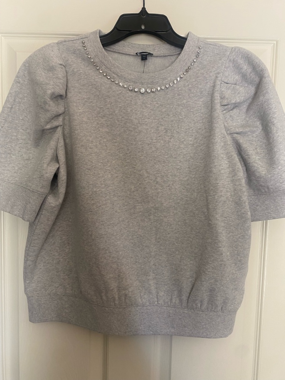 Express Gray Rhinestone Jewel-Neck Short Sleeve Sweatshirt